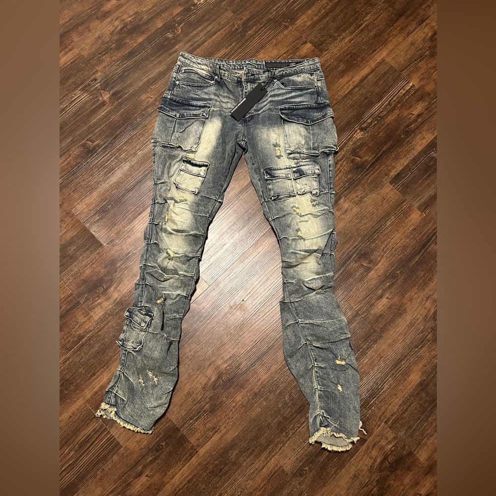NWT Men’s Rockstar Original Gentry Tint Blue Stacked Flare Slim Fit Jeans, Sz38